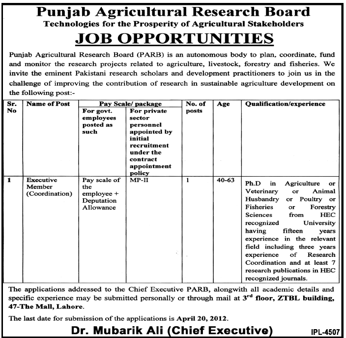 Punjab Agricultural Research Board (Govt.) Jobs