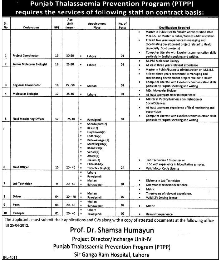 Punjab Thalassaemia Prevention Program (PTPP) Govt. Jobs