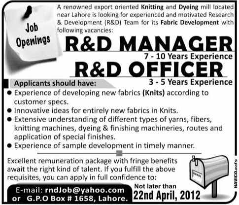 R&D Manager and R&D Officer Jobs