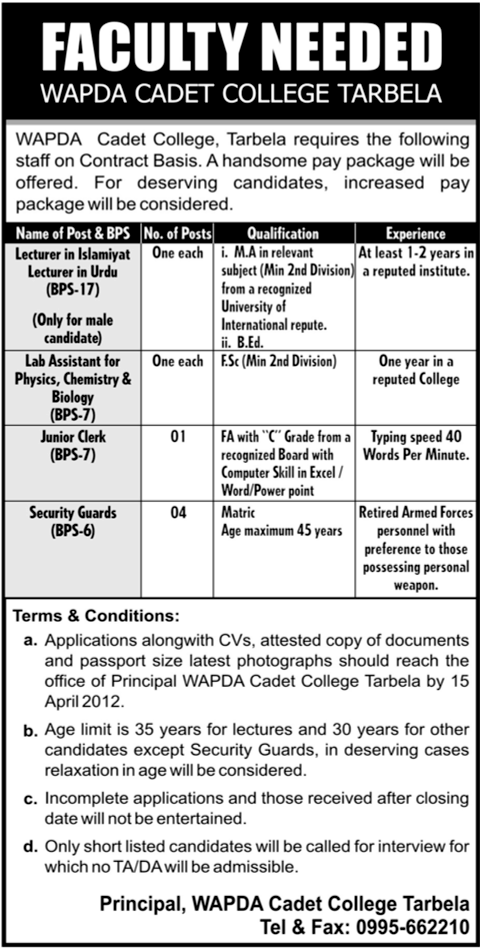 WAPDA Cadet College (Govt.) Jobs