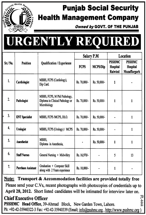 Punjab Social Security Health Management Company (Govt.) Jobs