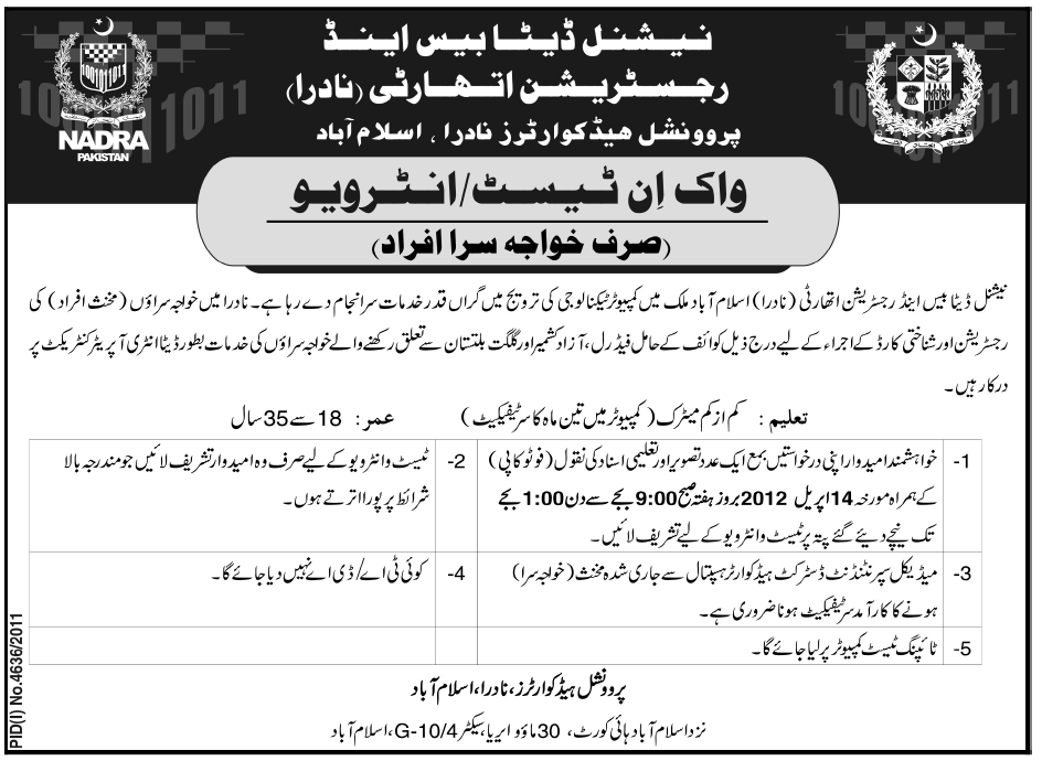 NADRA Pakistan (Govt.) Jobs