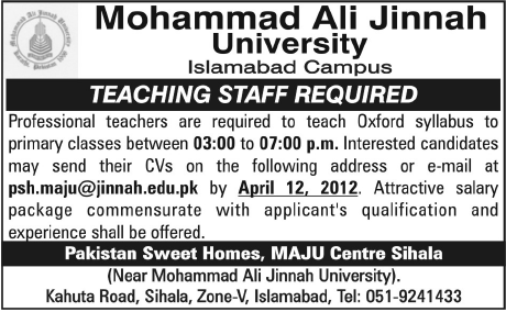 Mohammad Ali Jinnah University Requires Teachers