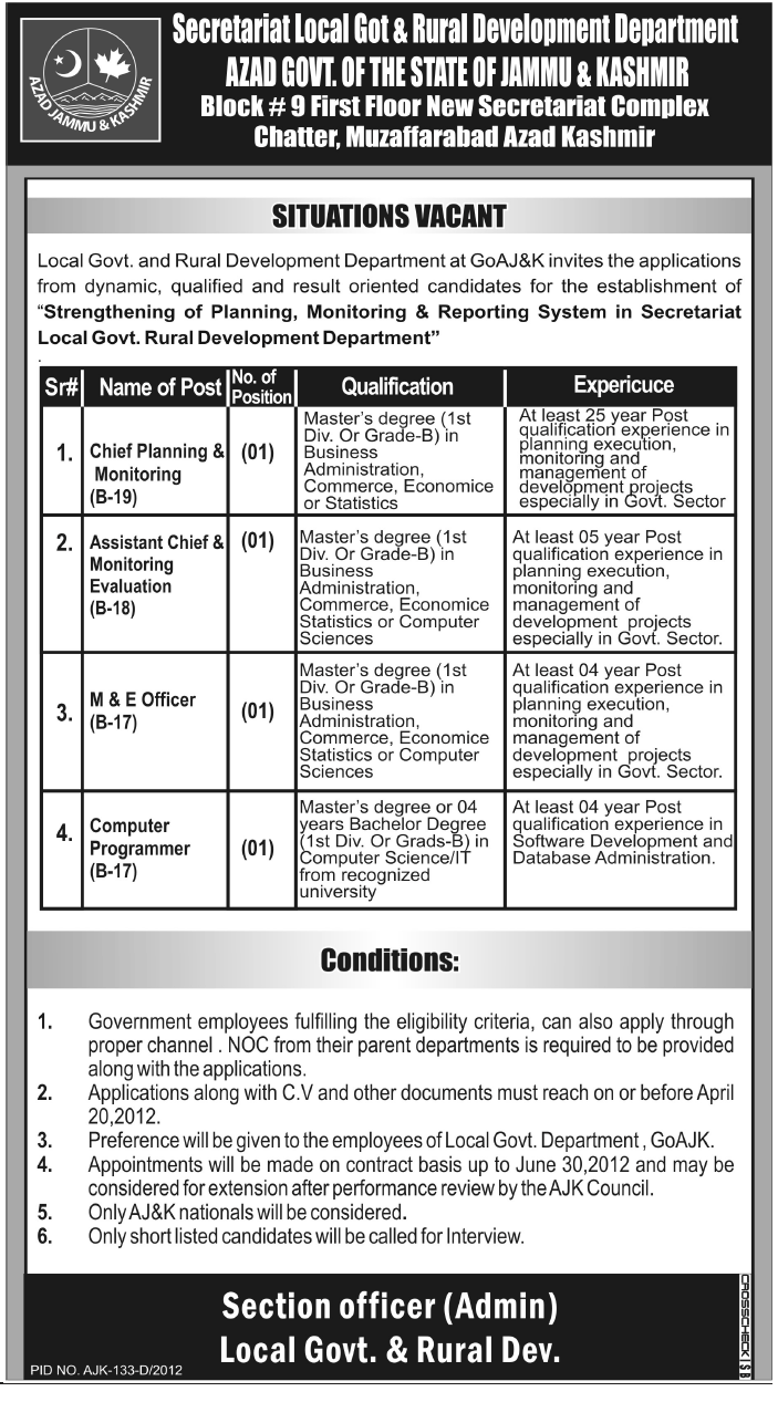 Secretariat Local Got & Rural Development Department AJK (Govt.) Jobs