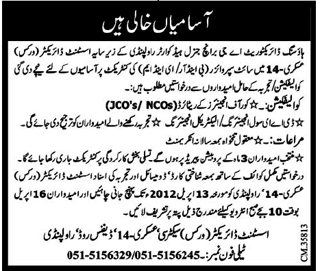 Housing Directorate AG Branch General Head Quarters (Govt. Jobs) Requires Staff