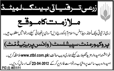 ZTBL (Banking Jobs) Requires Vice President (Audit)