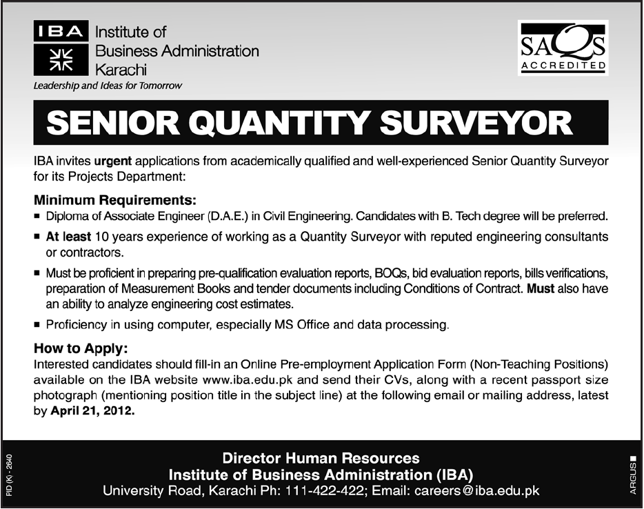 IBA Karachi Requires Senior Quantity Surveyor