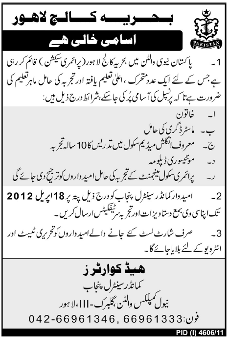Bahria College Lahore Jobs