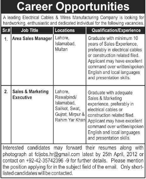 Electrical Cables & Wires Manufacturing Company Requires Area Sales Manager and Sales & Marketing Executive