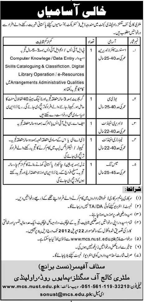 Military College of Signals Rawalpindi (Govt.) Jobs