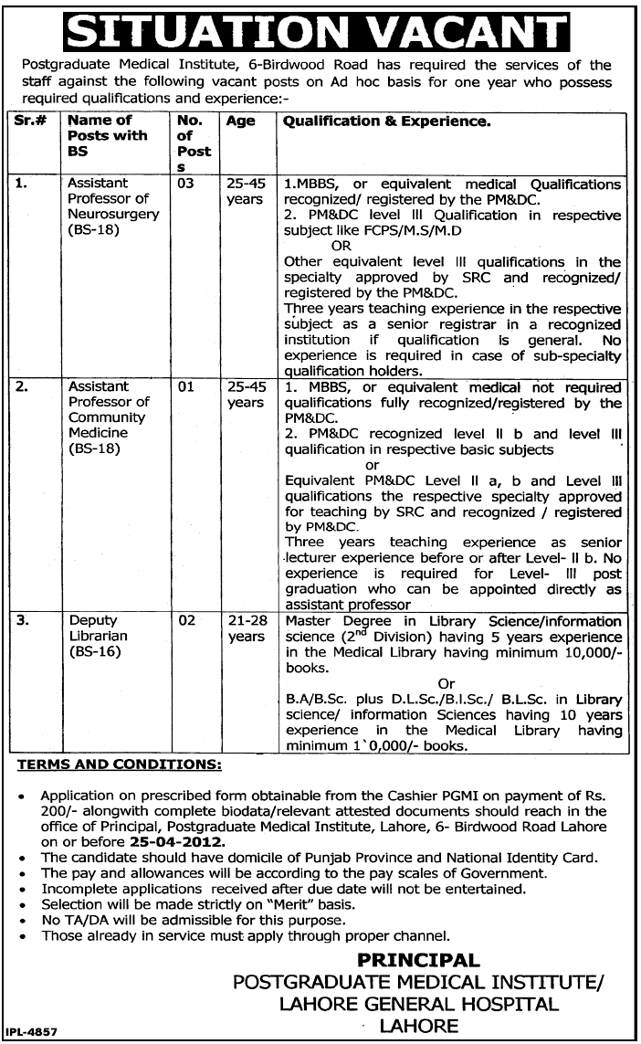 Post Graduation Medical Institute (Govt.) Jobs