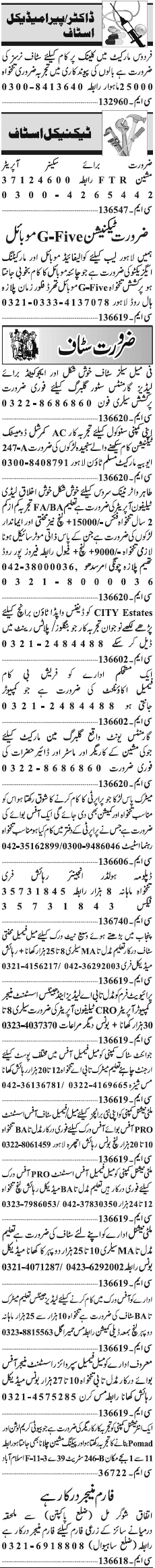 Classified Lahore Jang Misc. Jobs