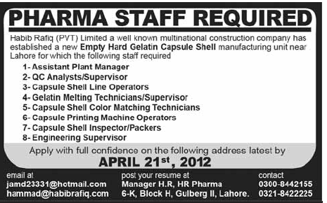 Habib Rafiq Private Limited Requires Pharma Staff