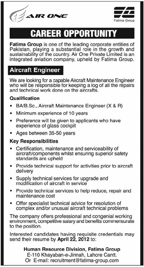 AIR ONE (Fatima Group) Requires Aircraft Engineer