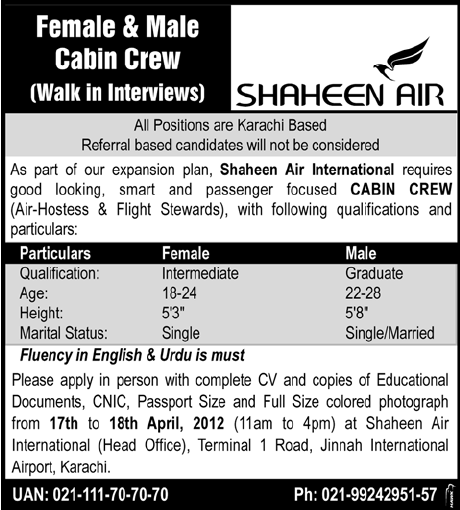 Shaheen Air Requires Cabin Crew