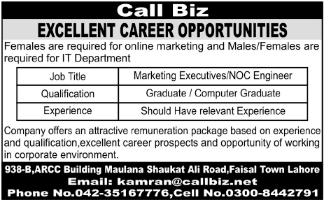 Marketing Executive/NOC Engineer Jobs