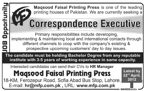 Maqsood Faisal Printing Press Requires Correspondence Executive