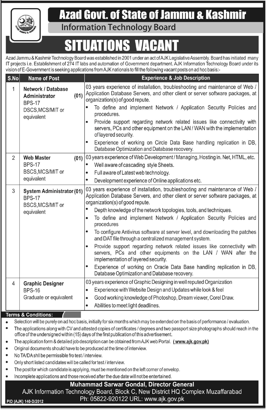 Information Technology Board, Azad Govt. of State of Jammu & Kashmir, Jobs