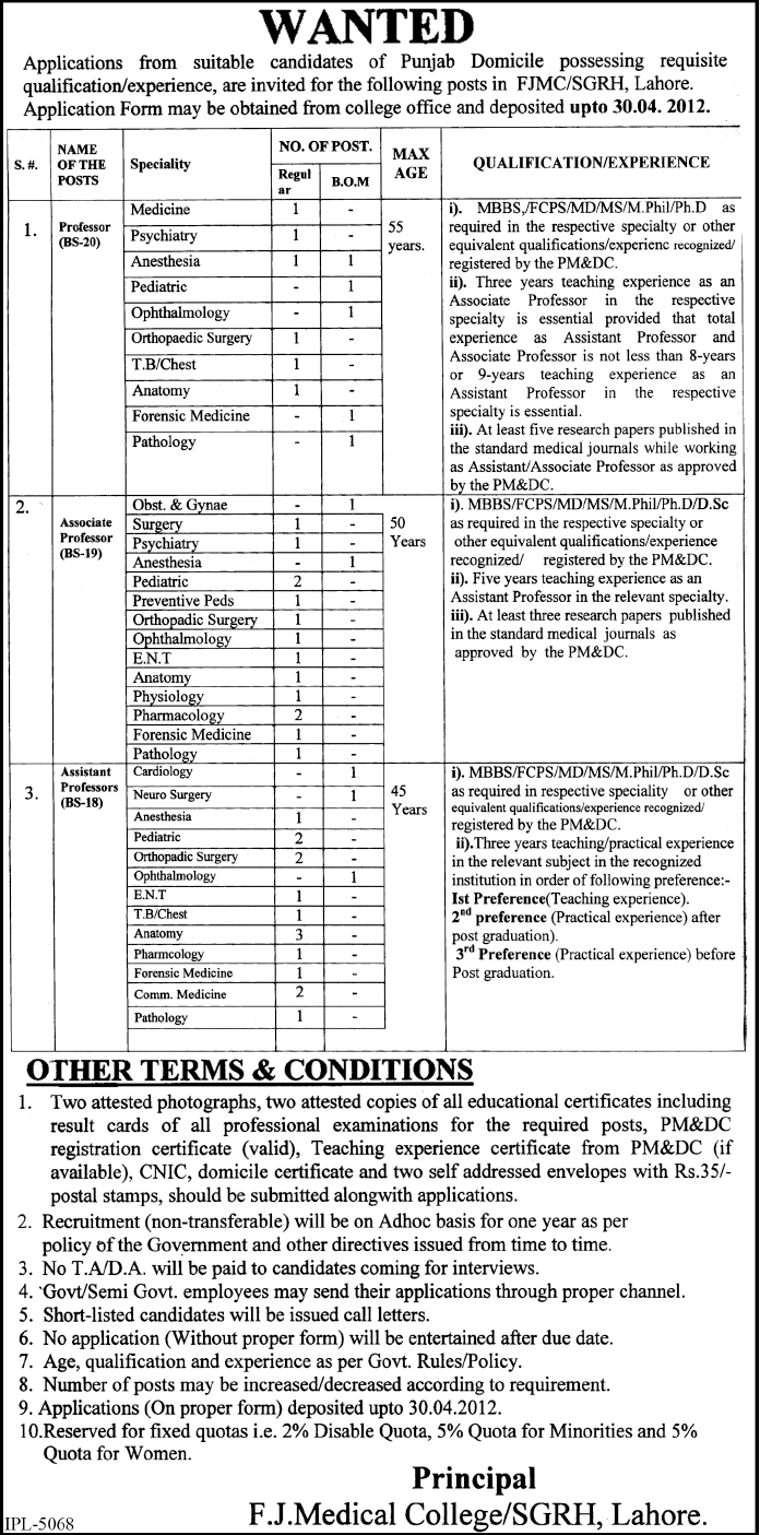 FJMC/SGRH Lahore (Govt.) Jobs