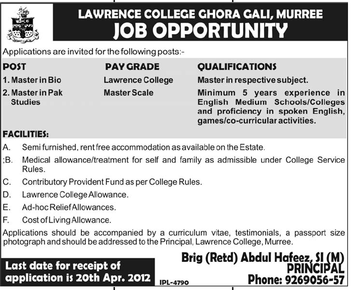 Lawrence College Ghora Gali (Govt.) Jobs