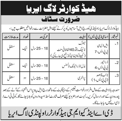 Headquarters Log Area Rawalpindi (Govt.) Jobs