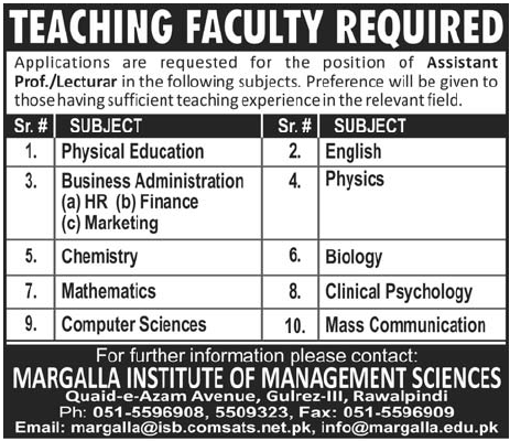 Margalla Institute of Management Science-Teaching Jobs