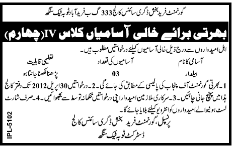 Government Farida Bakhash Degree Science College Jobs