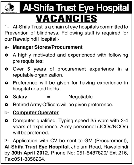 Al-Shifa Trust Eye Hospital Jobs