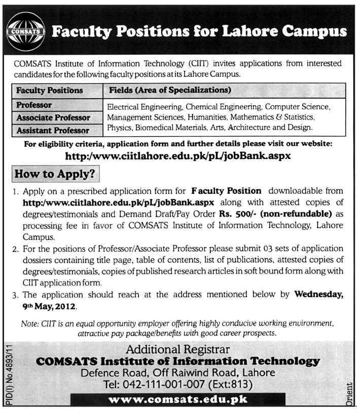 COMSATS Institute of Information Technology (CIIT) Requires Faculty