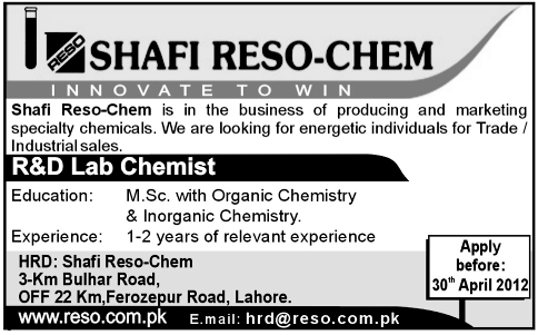 Shafi Reso-Chem Requires R&D Lab Chemist
