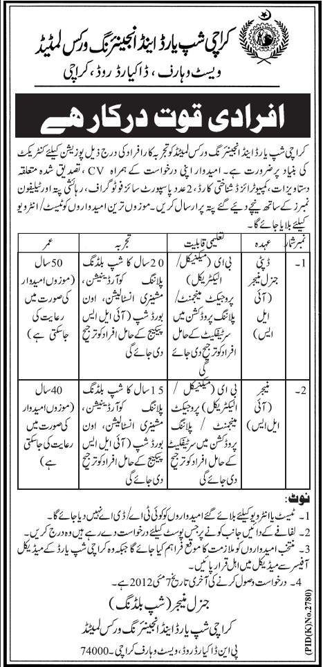 Karachi Shipyard and Engineering Works Limited Jobs