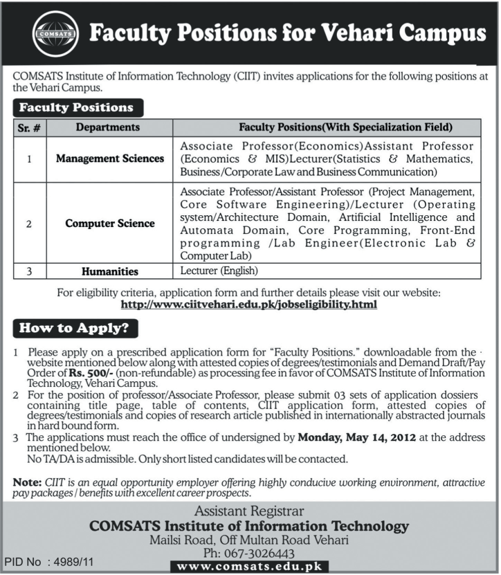 COMSATS Institute of Information Technology (CIIT) Requires Faculty