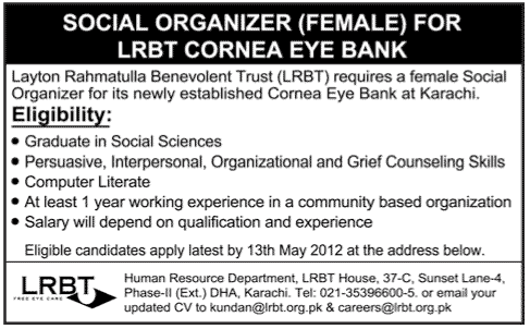 Social Organizer (female) for LRBT Cornea Eye Bank