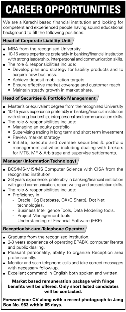 Financial Institution requires Staff for Top Management