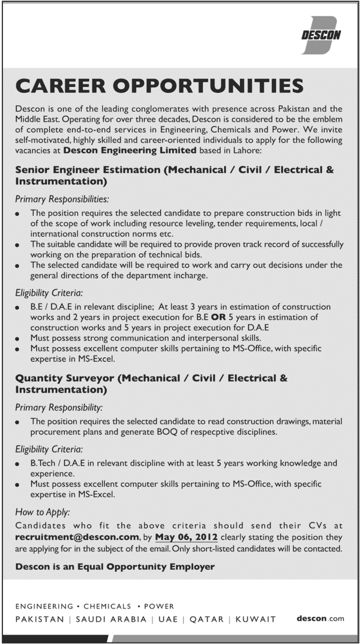 Engineering Jobs in Descon (Lahore)