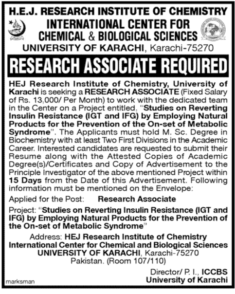 Research Associate required at Karachi University