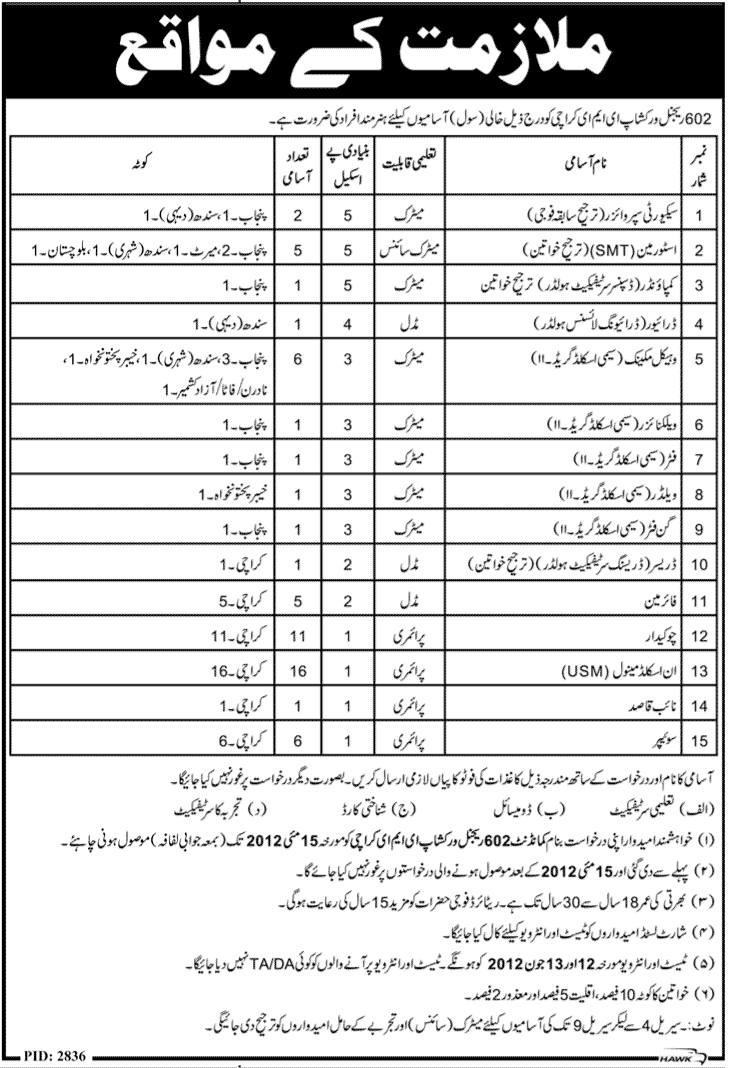 Jobs at (E.M.E) Electrical and Mechanical Engineering 602 Regional Workshop (Govt. job)