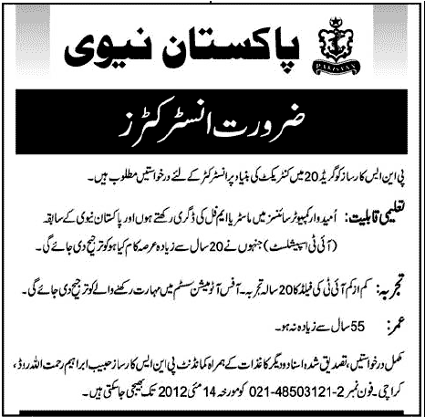 IT Instructor Required at PNS Karsaz Pakistan Navy (Govt. job)