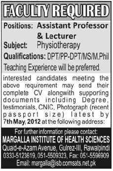 Margalla Institute of Health Sciences requires Assistant Professor of Physiotherapy