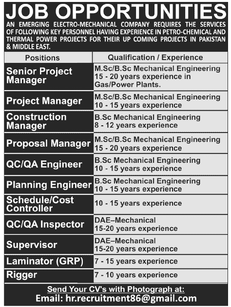 Electro-Mechanical Company Requires Engineers for various Positions