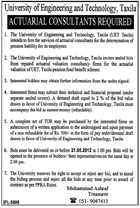UET Taxila Required Actuarial Consultants (Govt. job)