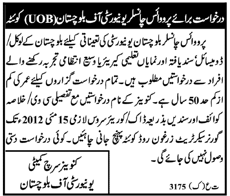 Pro-Vice Chancellor Required at University of Baluchistan (Govt. Job)
