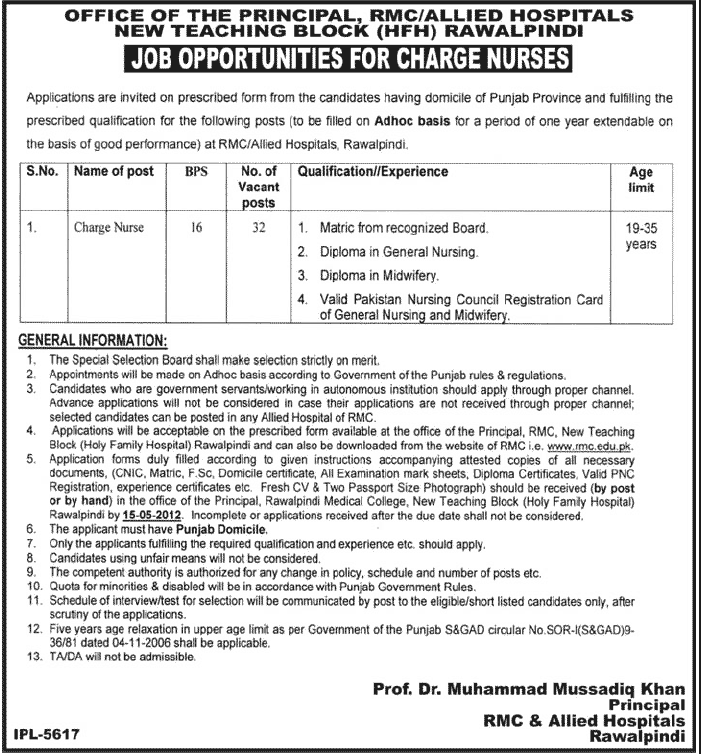Charge Nurses Required at RMC/ Allied Hospitals (Govt. job)