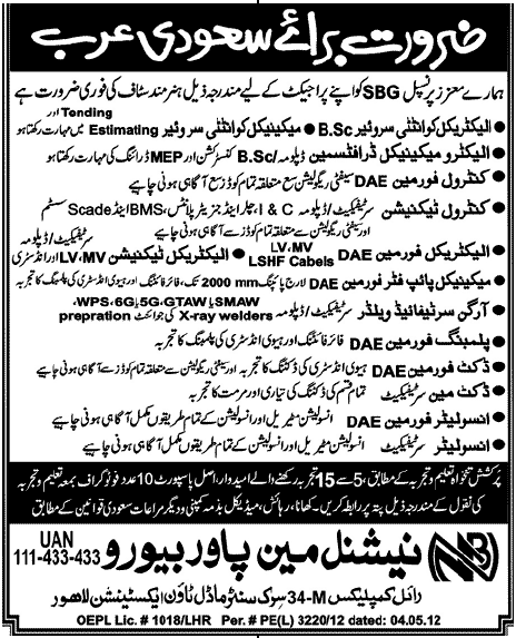 Foremen and Draftsmen required for Saudi Arabia