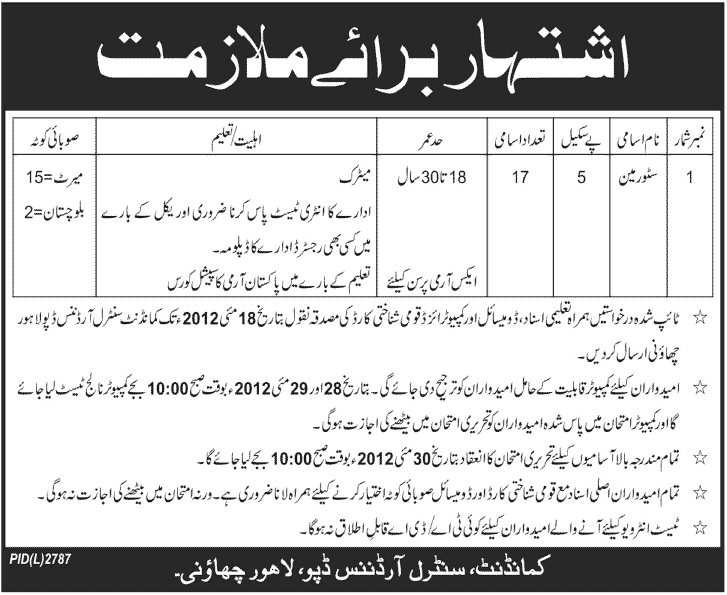 Job for Storeman at C.O. D  (Govt. job)