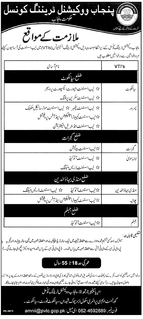 Lab Assistants Required in VTIs