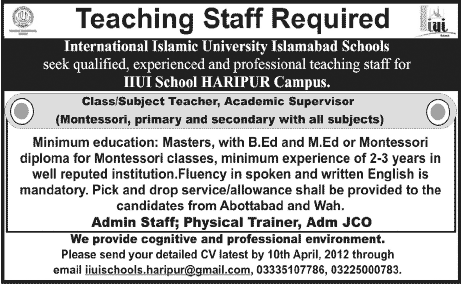 Teaching Staff Required at IIUI schools