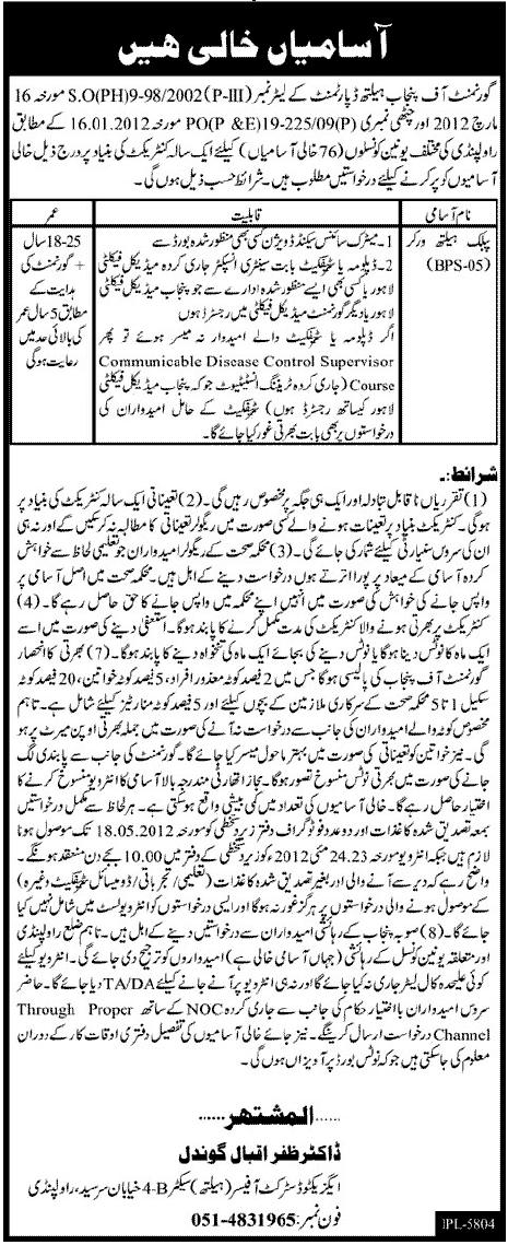 Health Worker Required at Punjab Health Department (Govt. job)