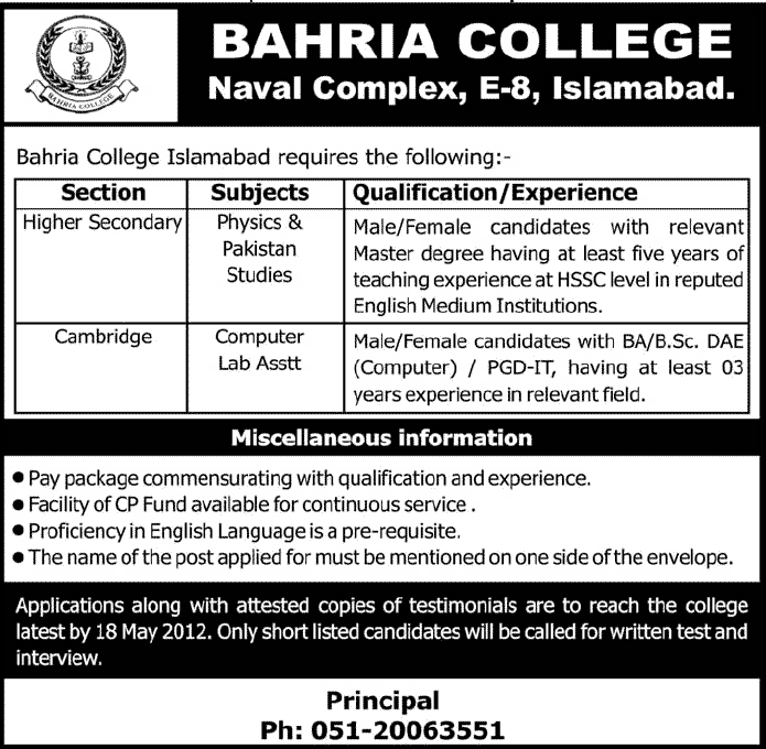 Teachers Required at Bahria College