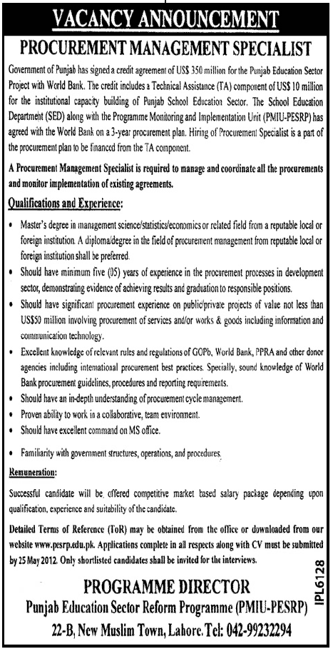 Procurement Manager Required for Punjab Education Sector with World Bank